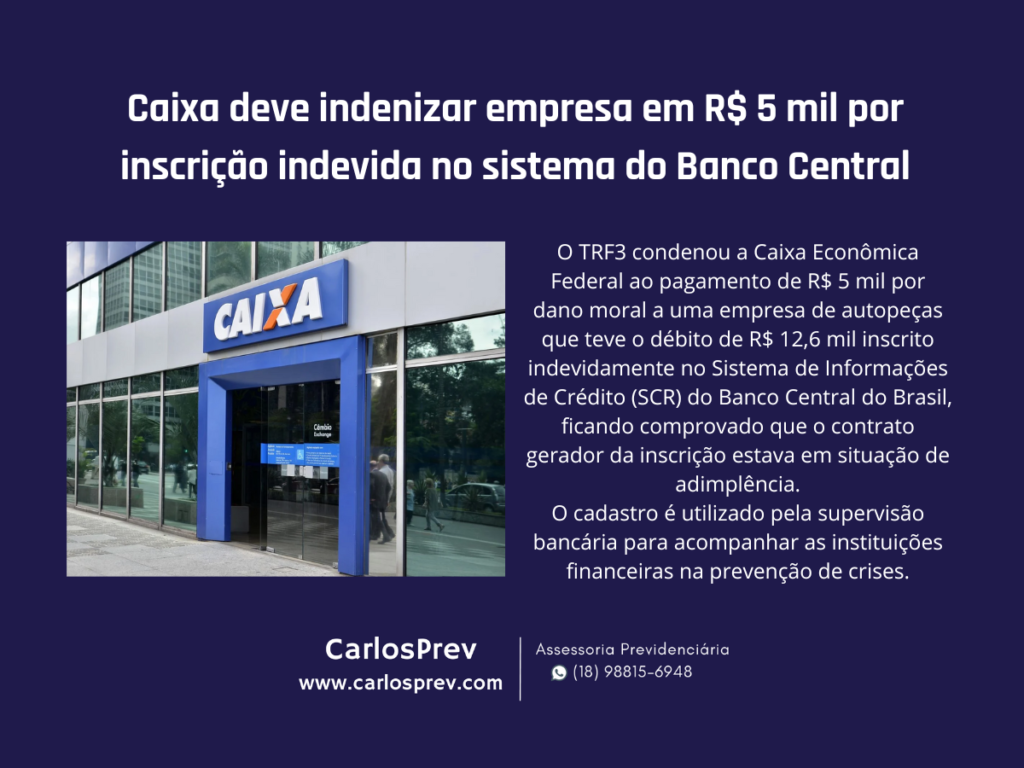 Caixa deve indenizar empresa em R$ 5 mil por inscrição indevida no sistema do Banco Central